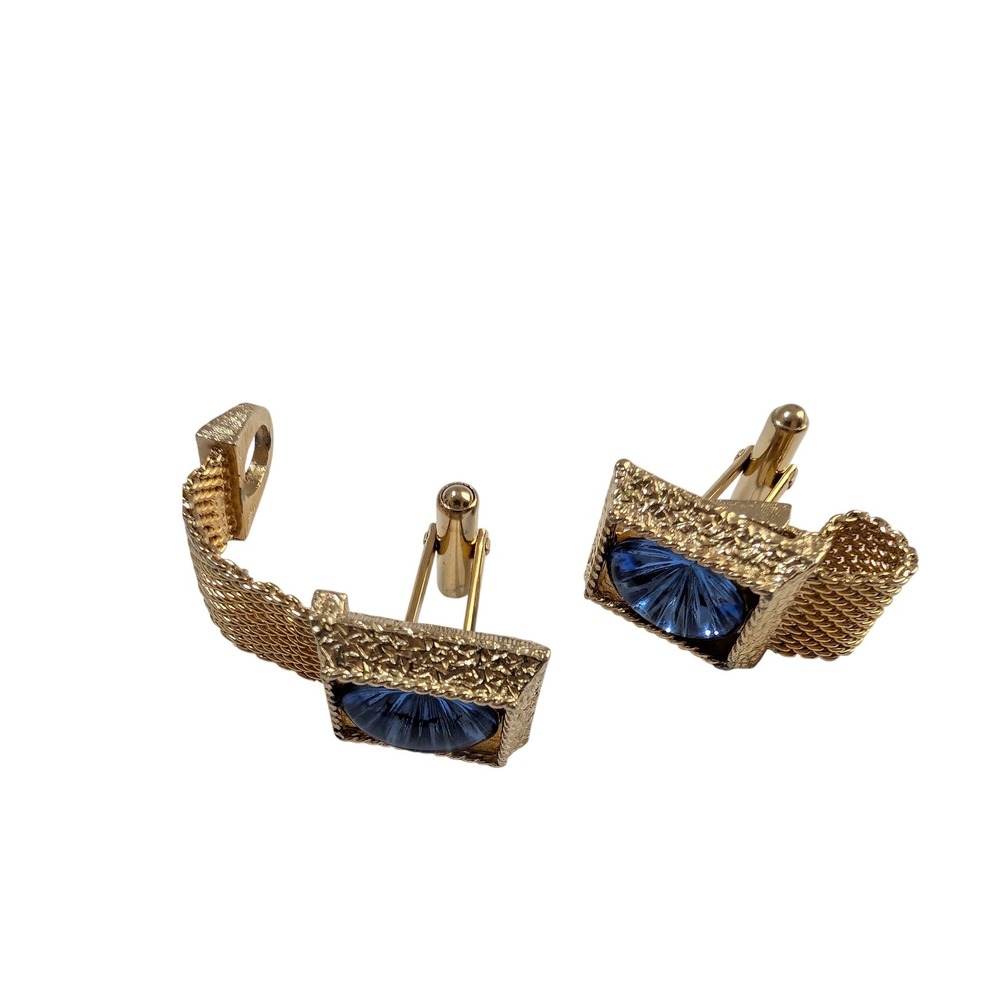 Vintage Gold Tone Blue Glass Intaglio Mesh Wrap Around Cufflinks Toggle Back